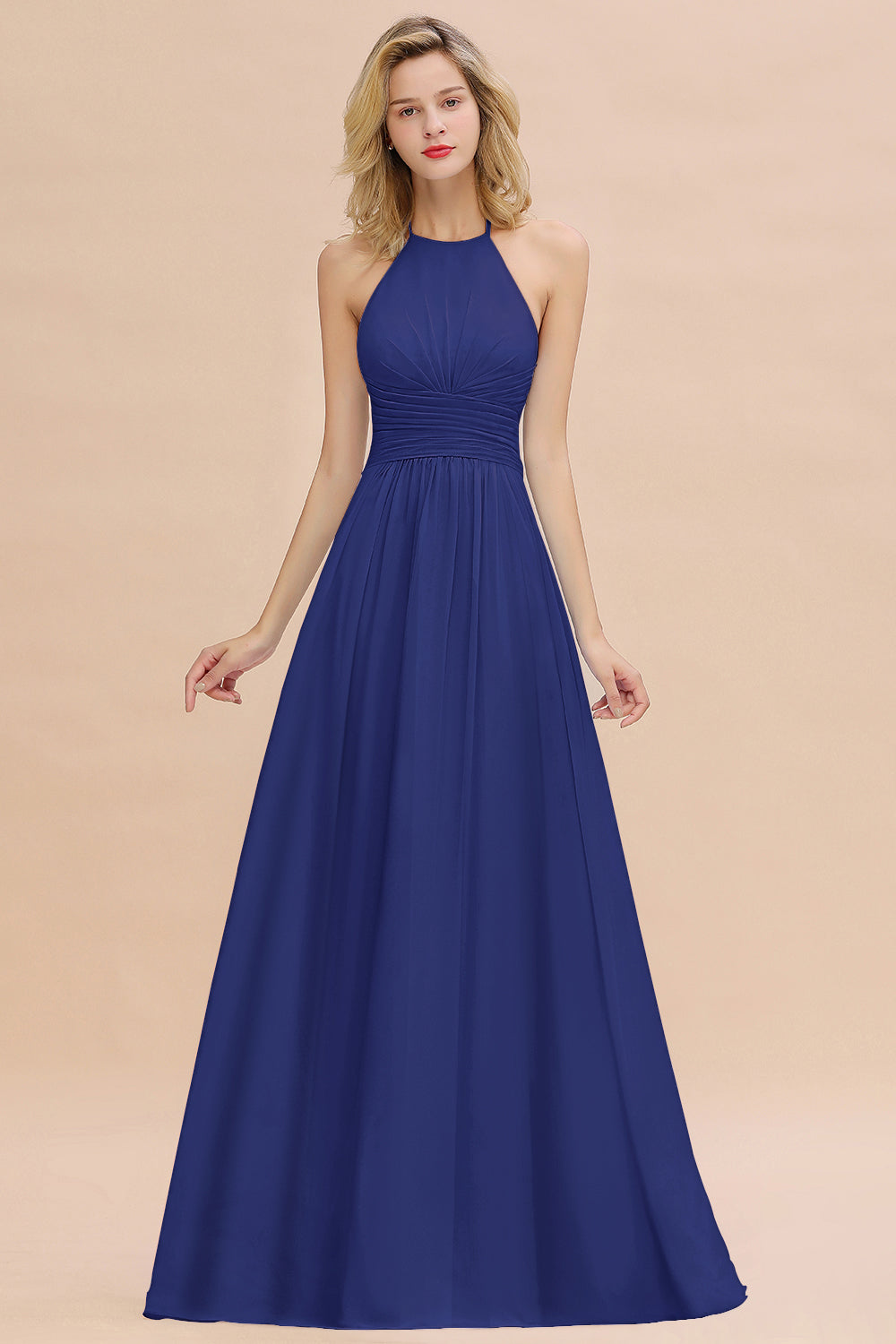 Glamorous Halter Backless Long Affordable Bridesmaid Dresses with Ruffle-27dress