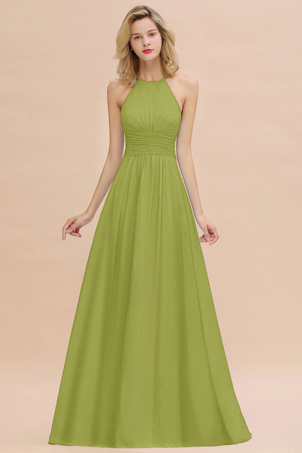 Glamorous Halter Backless Long Affordable Bridesmaid Dresses with Ruffle-27dress