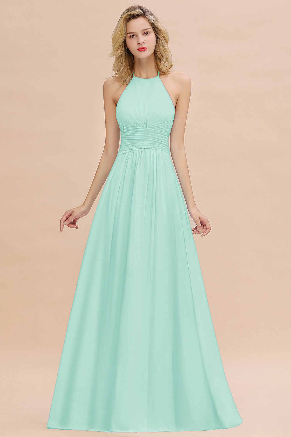 Glamorous Halter Backless Long Affordable Bridesmaid Dresses with Ruffle-27dress