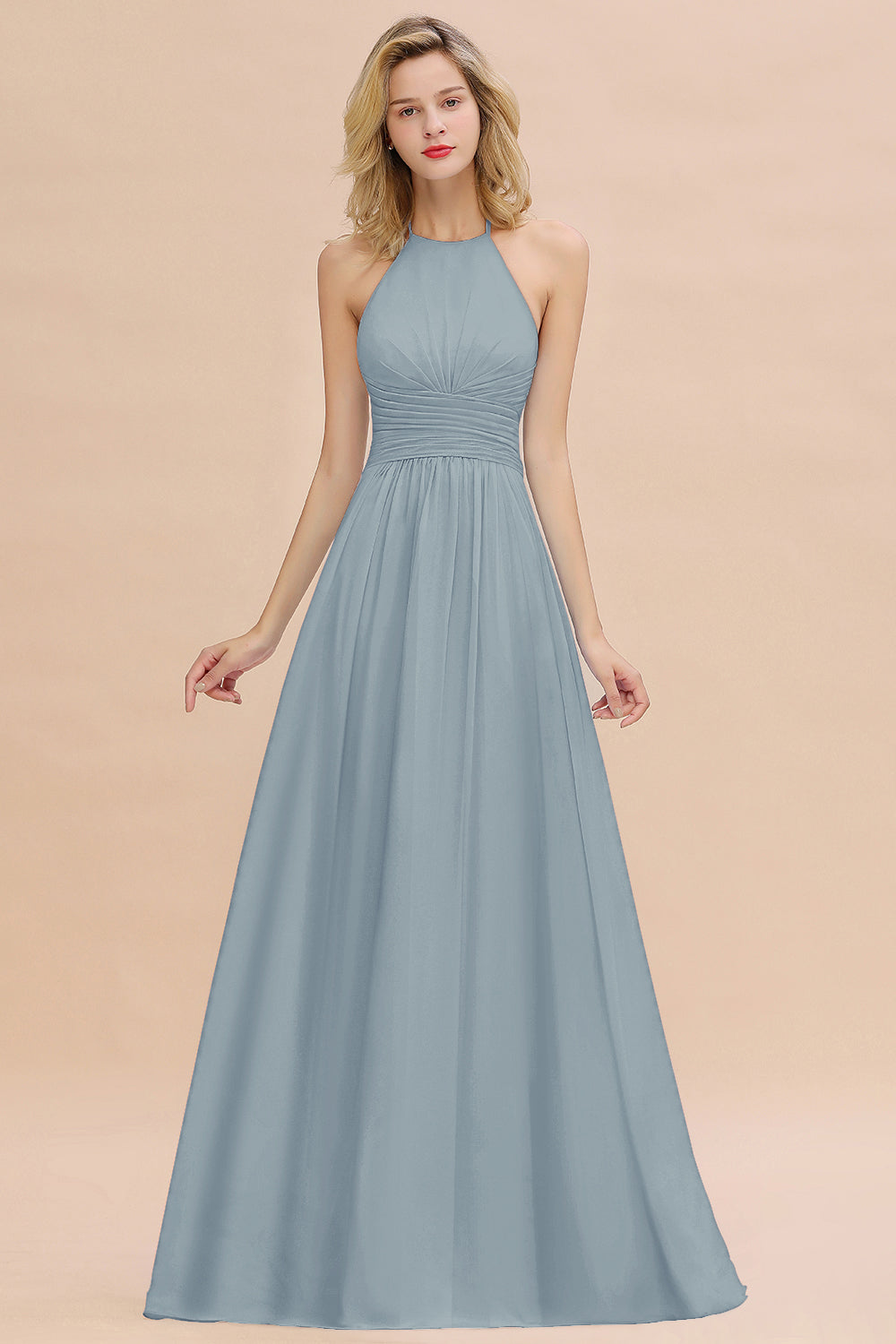 Glamorous Halter Backless Long Affordable Bridesmaid Dresses with Ruffle-27dress