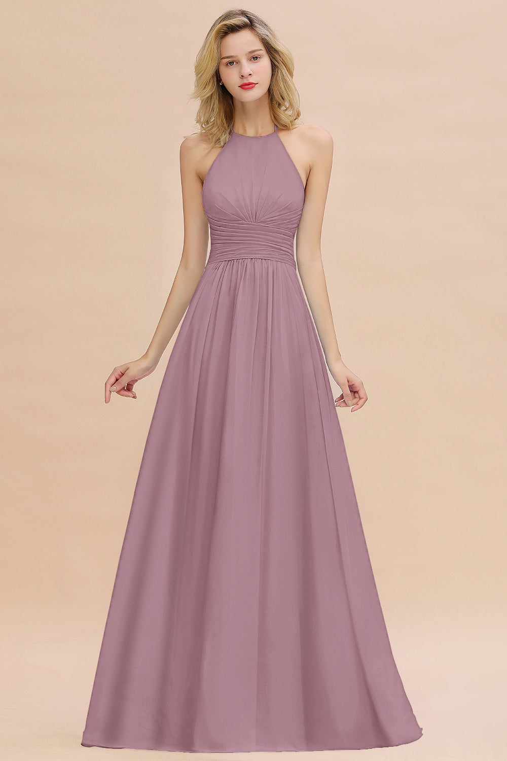 Glamorous Halter Backless Long Affordable Bridesmaid Dresses with Ruffle-27dress