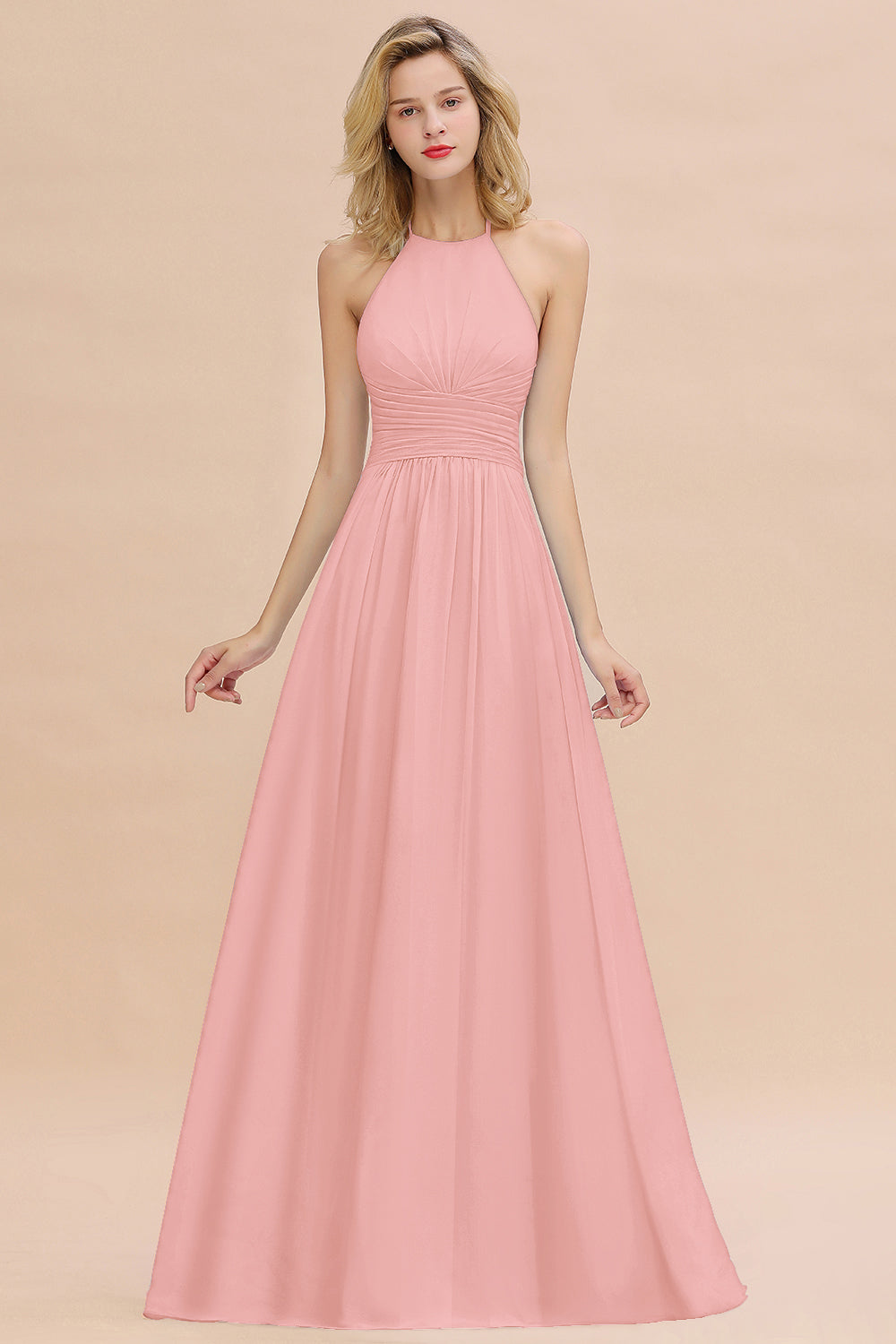 Glamorous Halter Backless Long Affordable Bridesmaid Dresses with Ruffle-27dress