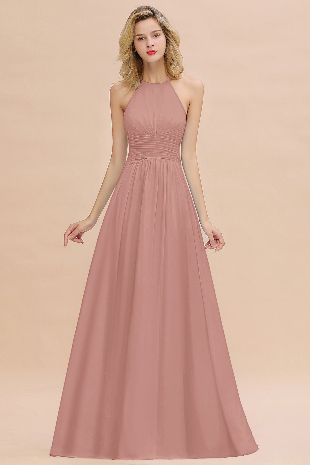 Glamorous Halter Backless Long Affordable Bridesmaid Dresses with Ruffle-27dress