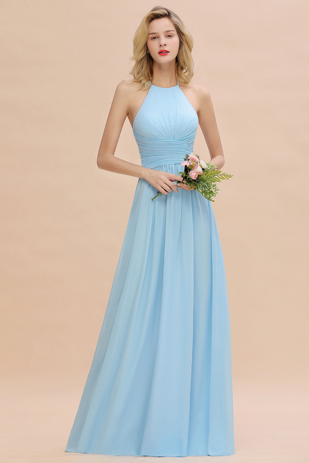 Glamorous Halter Backless Long Affordable Bridesmaid Dresses with Ruffle-27dress