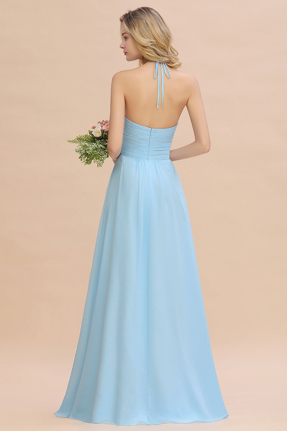 Glamorous Halter Backless Long Affordable Bridesmaid Dresses with Ruffle-27dress