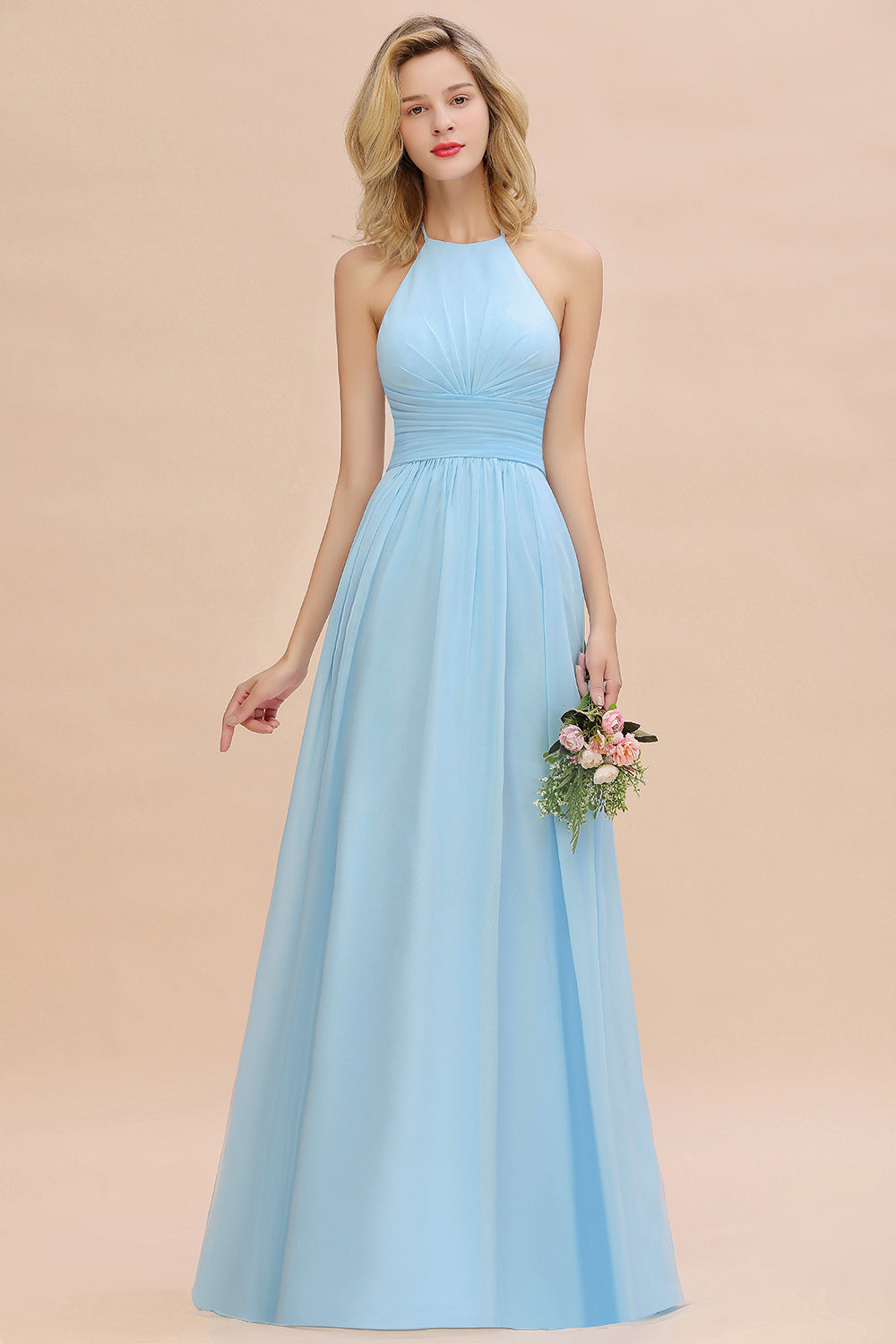 Glamorous Halter Backless Long Affordable Bridesmaid Dresses with Ruffle-27dress