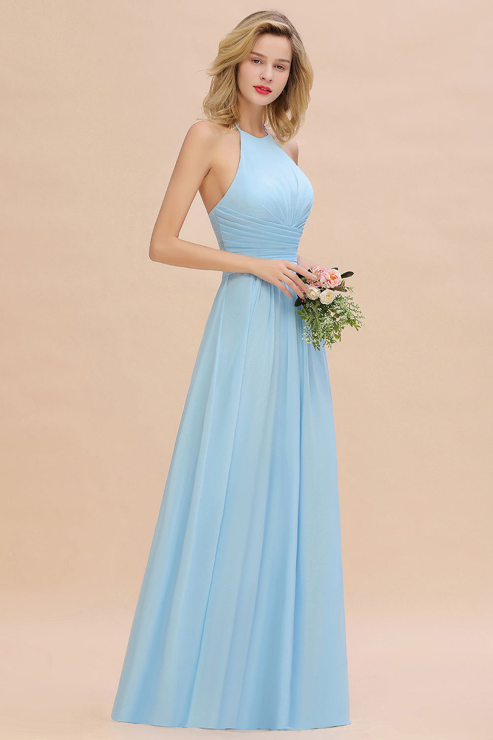 Glamorous Halter Backless Long Affordable Bridesmaid Dresses with Ruffle-27dress