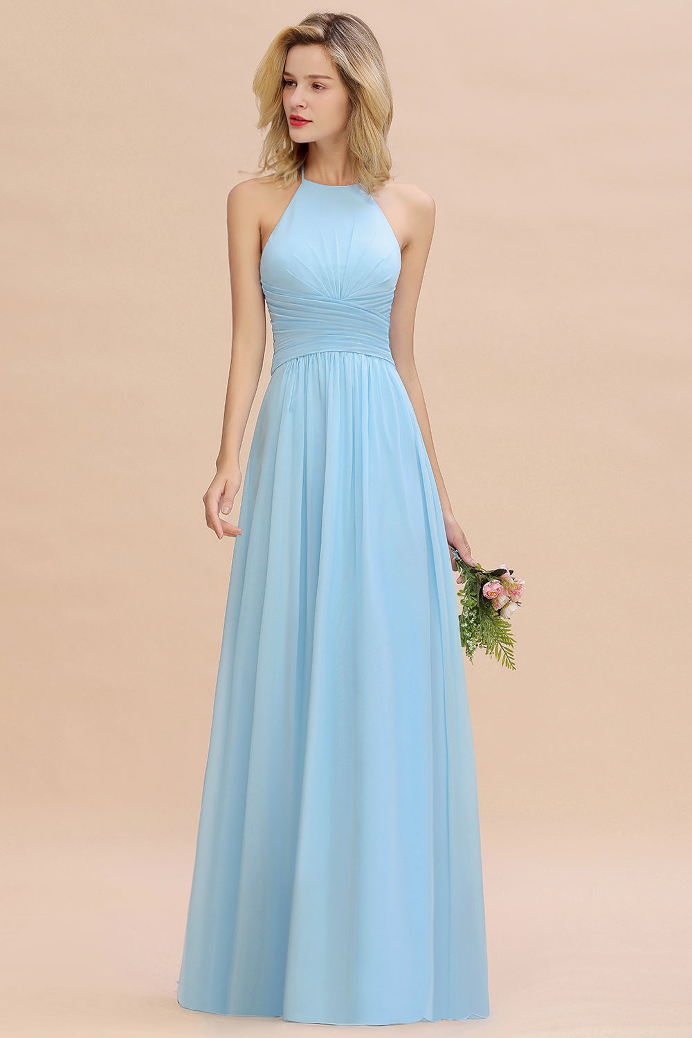 Glamorous Halter Backless Long Affordable Bridesmaid Dresses with Ruffle-27dress