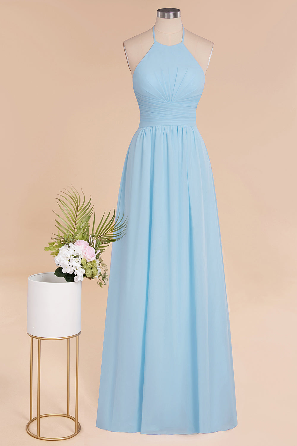 Glamorous Halter Backless Long Affordable Bridesmaid Dresses with Ruffle-27dress