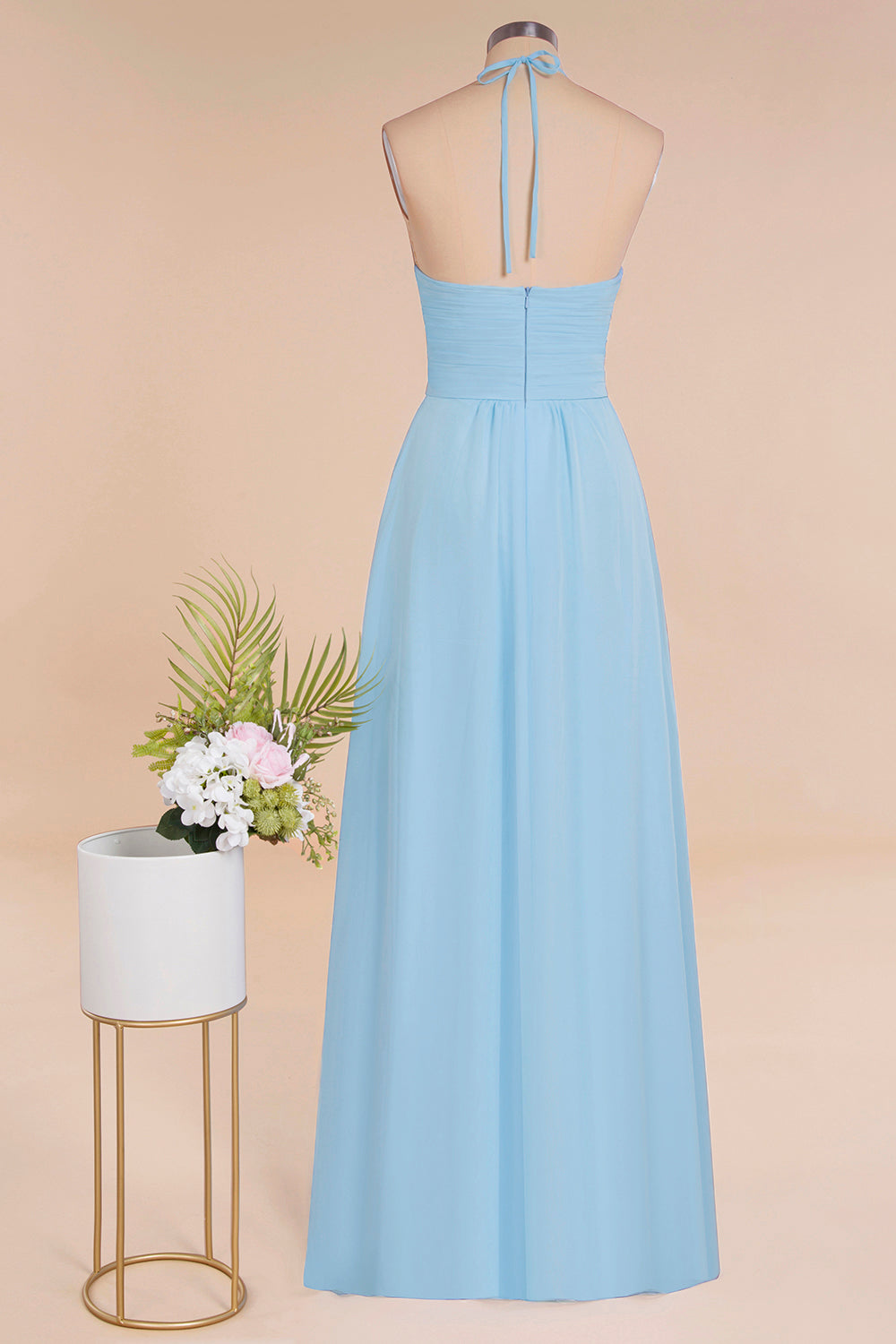 Glamorous Halter Backless Long Affordable Bridesmaid Dresses with Ruffle-27dress