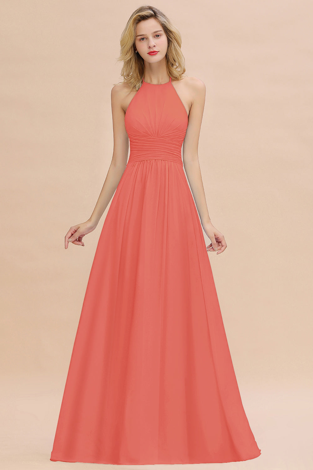 Glamorous Halter Backless Long Affordable Bridesmaid Dresses with Ruffle-27dress