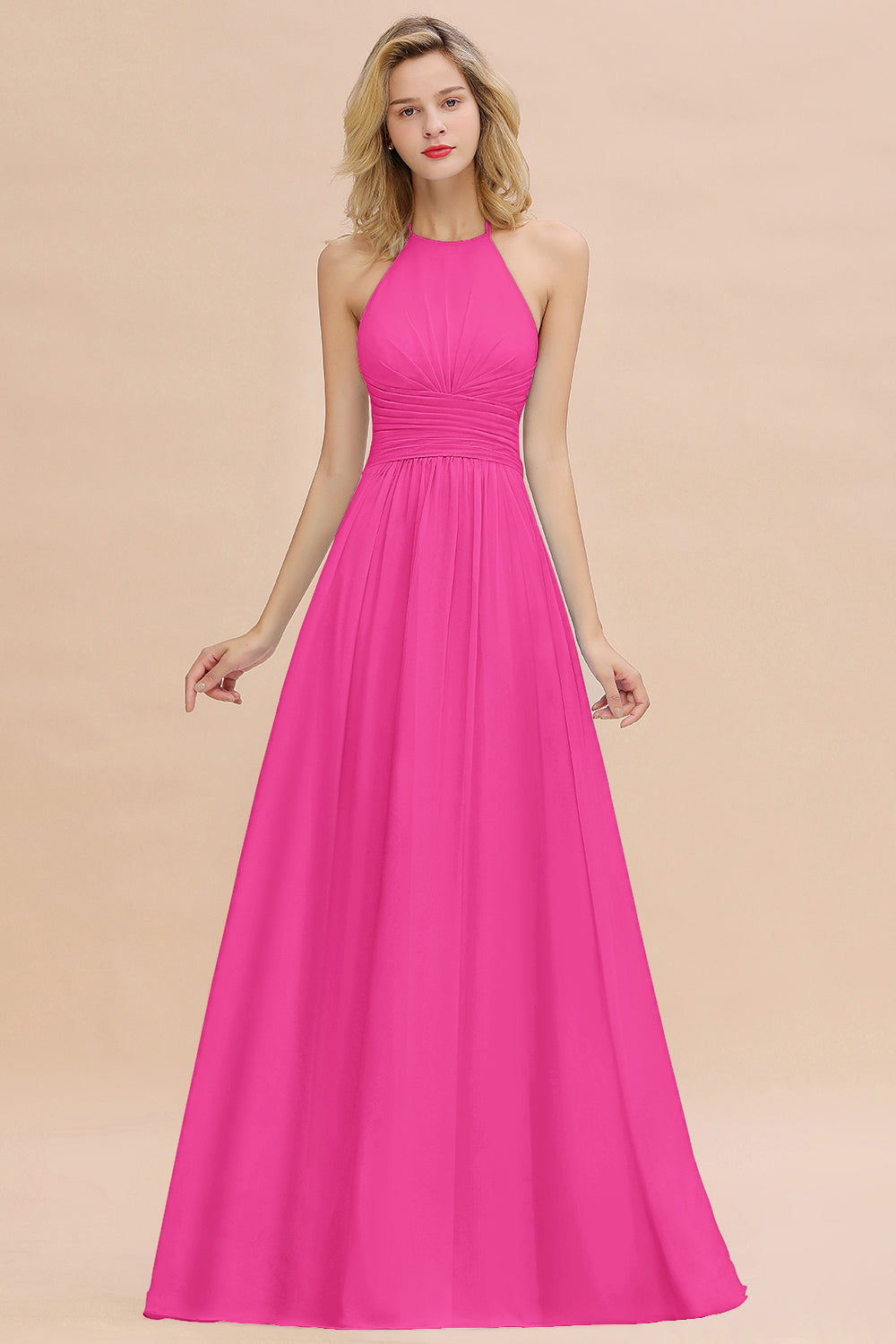 Glamorous Halter Backless Long Affordable Bridesmaid Dresses with Ruffle-27dress