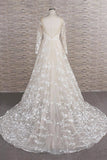 Glamorous Jewel Longsleeves Champagne Wedding Dresses A-line Lace Bridal Gowns With Appliques On Sale-27dress