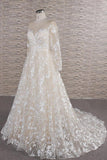 Glamorous Jewel Longsleeves Champagne Wedding Dresses A-line Lace Bridal Gowns With Appliques On Sale-27dress