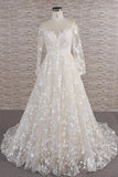 Glamorous Jewel Longsleeves Champagne Wedding Dresses A-line Lace Bridal Gowns With Appliques On Sale-27dress