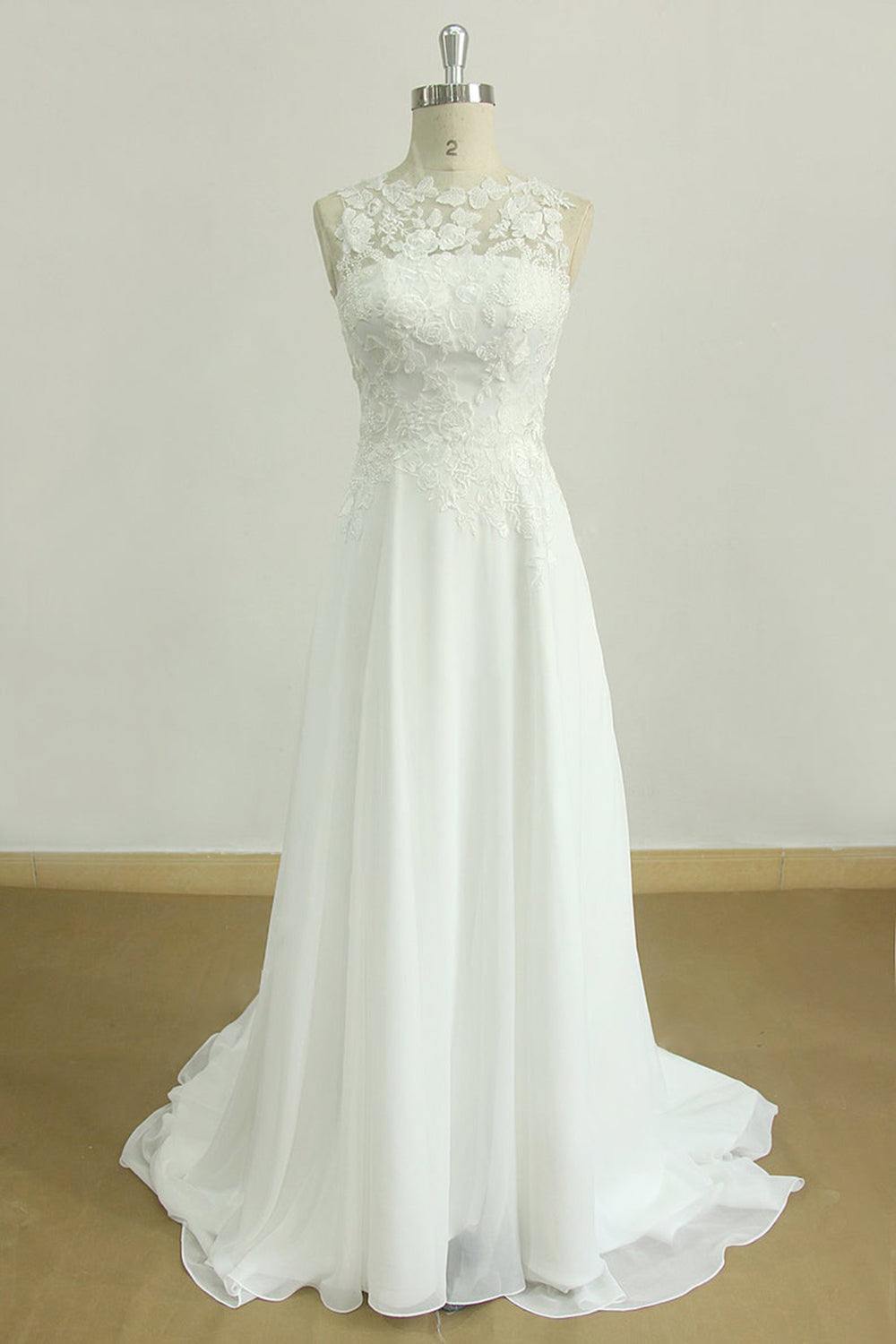 Glamorous Jewel Sleeveless Appliques Wedding Dress Lace White Chiffon Bridal Gowns On Sale-27dress