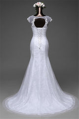 Glamorous Lace Jewel White Mermaid Wedding Dresses with Beadings Online-27dress