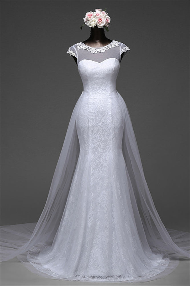 Glamorous Lace Jewel White Mermaid Wedding Dresses with Beadings Online-27dress