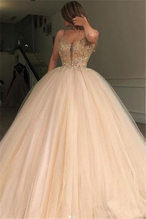Glamorous Long Ball Gown Spaghetti Straps Beaded Tulle Prom Dresses-27Dress