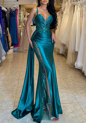 Glamorous Long Mermaid Sweetheart Spaghetti Straps Satin Lace Prom Dress with Slit-27dress