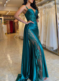 Glamorous Long Mermaid Sweetheart Spaghetti Straps Satin Lace Prom Dress with Slit-27dress