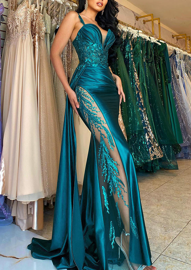 Glamorous Long Mermaid Sweetheart Spaghetti Straps Satin Lace Prom Dress with Slit-27dress