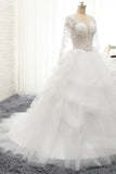 Glamorous Longlseeves Tulle Ruffles Wedding Dresses Jewel A-line White Bridal Gowns With Appliques On Sale-27dress