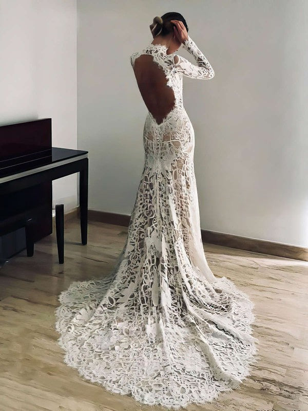 Glamorous Mermaid High Neck Lace Long Sleeves Court Train Wedding Dresses-27dress