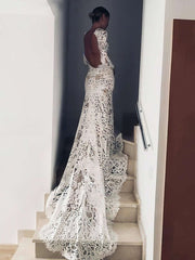 Glamorous Mermaid High Neck Lace Long Sleeves Court Train Wedding Dresses-27dress