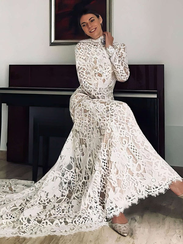 Glamorous Mermaid High Neck Lace Long Sleeves Court Train Wedding Dresses-27dress