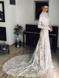 Glamorous Mermaid High Neck Lace Long Sleeves Court Train Wedding Dresses-27dress