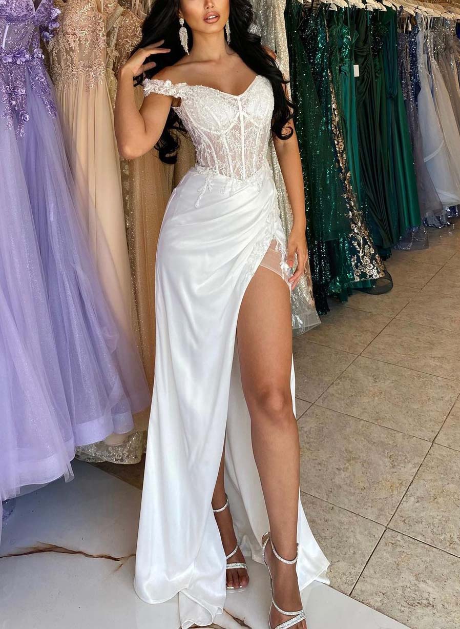 Glamorous Off-The-Shoulder Lace High Slit Prom Dress-27dress