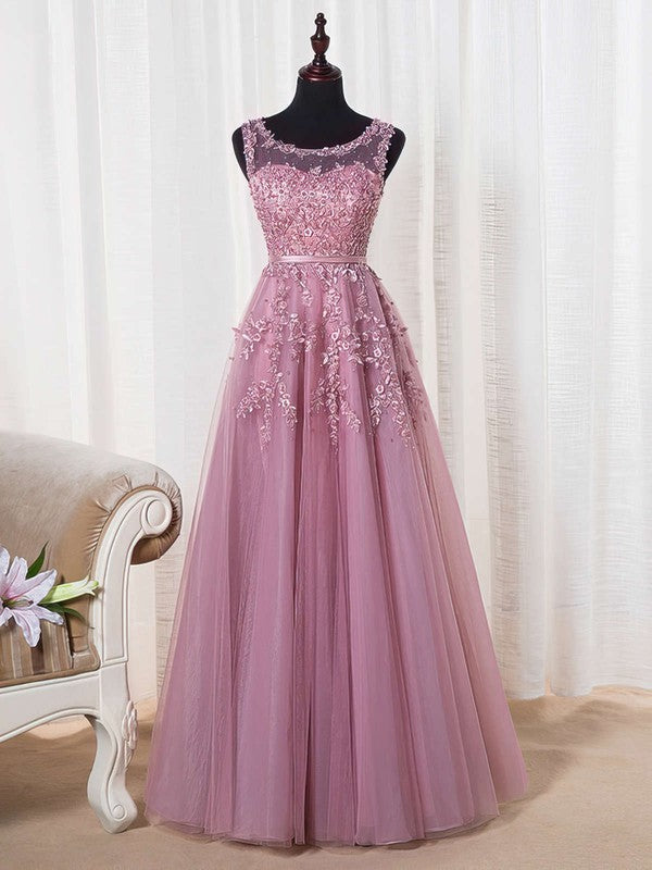 Glamorous Princess Scoop Neck Tulle Prom Dress with Appliques Lace