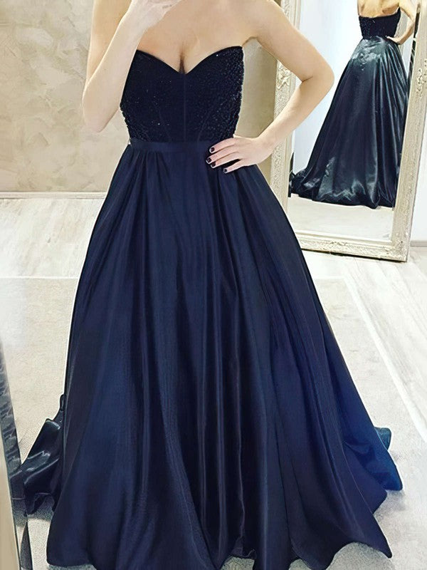 Glamorous Princess V-neck Satin Sweep Train Prom Dresses with Beading