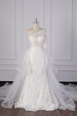 Glamorous Sheath Lace Tulle Wedding Dress One-Shoulder 3/4 Sleeve Appliques Bridal Gowns Online-27dress