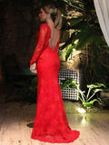 Glamorous Sheath/Column V-neck Lace Sweep Train Appliques Lace Prom Dresses