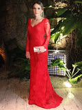 Glamorous Sheath/Column V-neck Lace Sweep Train Appliques Lace Prom Dresses