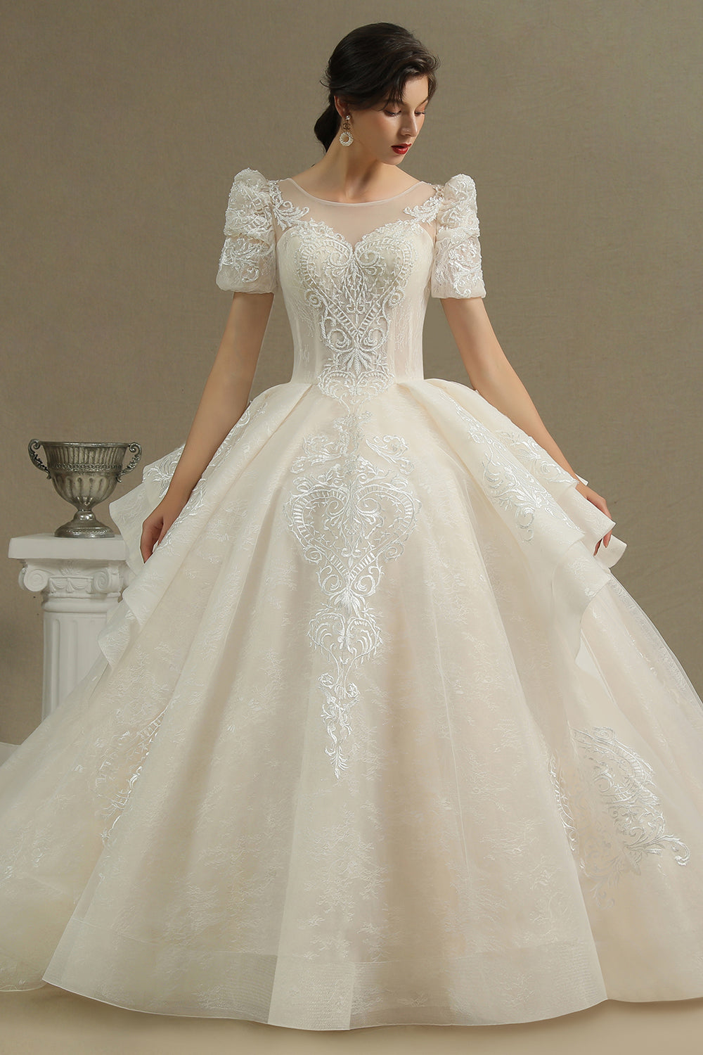 Glamorous Short Sleeve Lace Ball Gown Wedding Dress-27dress