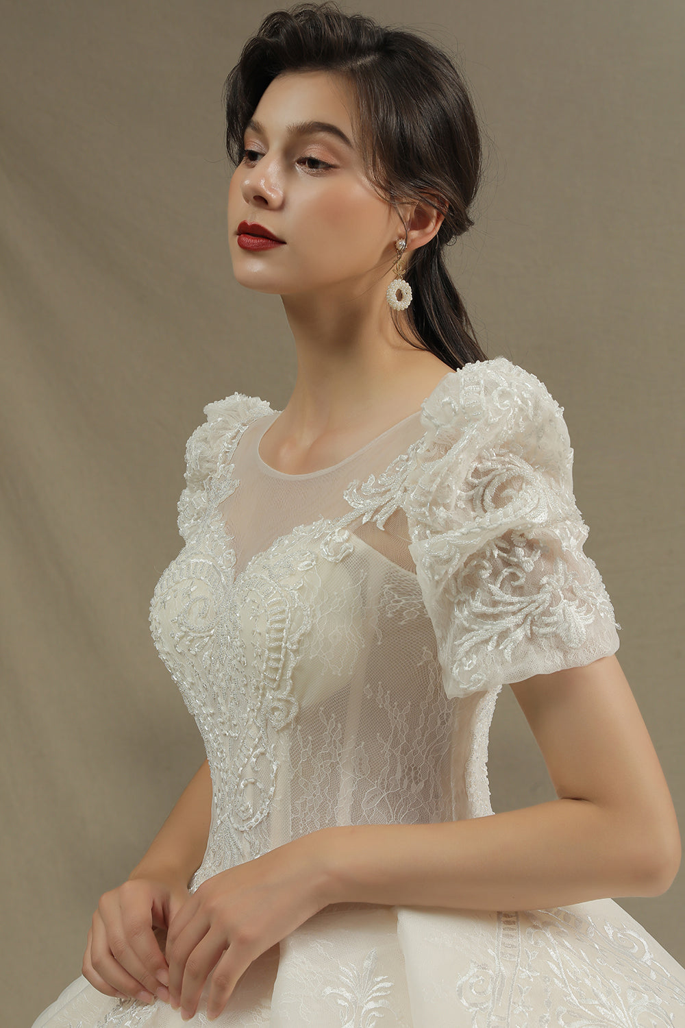 Glamorous Short Sleeve Lace Ball Gown Wedding Dress-27dress