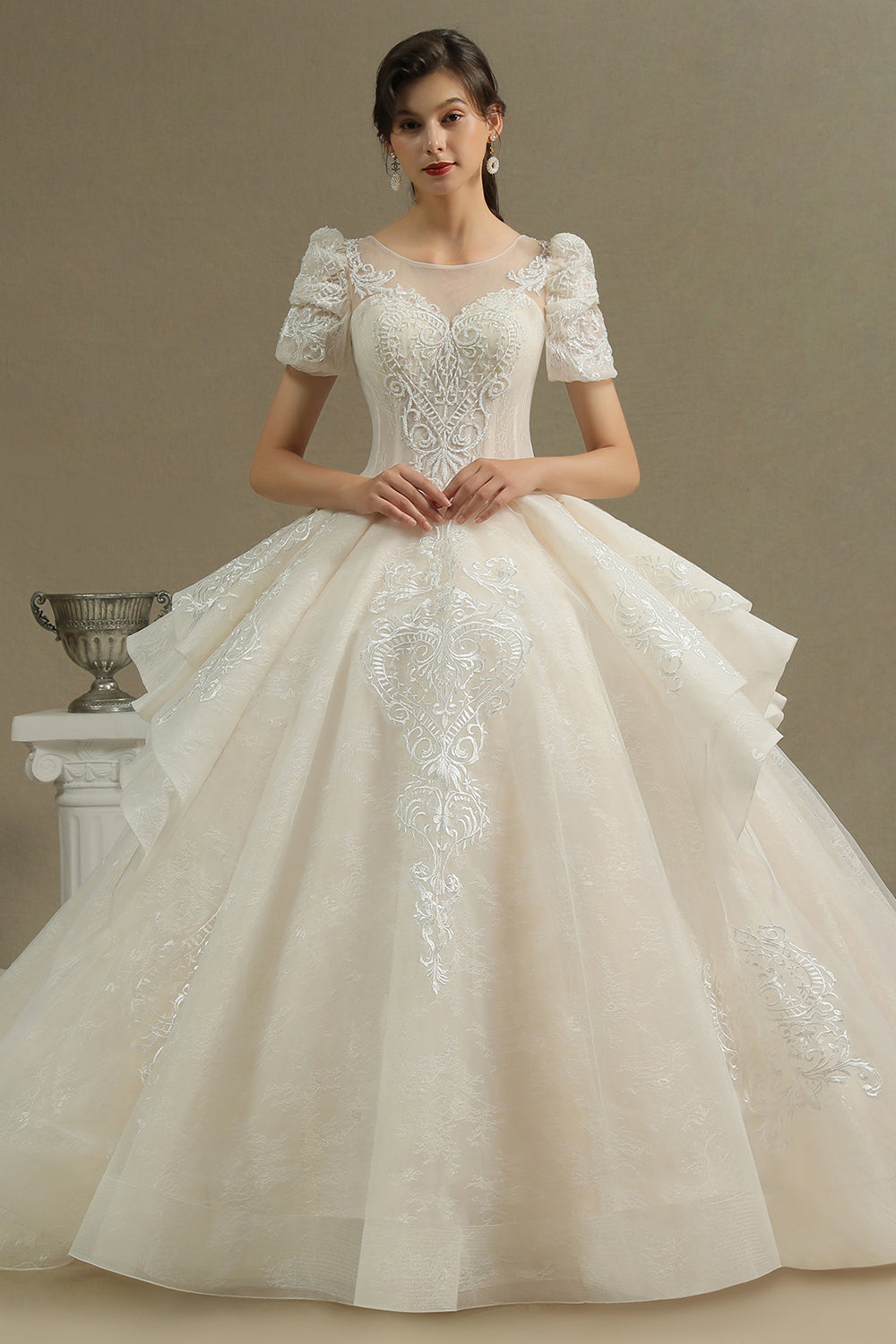 Glamorous Short Sleeve Lace Ball Gown Wedding Dress-27dress