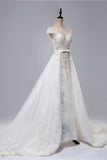 Glamorous Shortsleeves Jewel Appliques Wedding Dresses A-line Tulle Lace Bridal Gowns On Sale-27dress