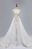 Glamorous Shortsleeves Jewel Appliques Wedding Dresses A-line Tulle Lace Bridal Gowns On Sale-27dress