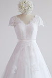 Glamorous Shortsleeves V-neck Lace Wedding Dresses White A-line Tulle Bridal Gowns With Appliques On Sale-27dress