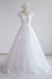 Glamorous Shortsleeves V-neck Lace Wedding Dresses White A-line Tulle Bridal Gowns With Appliques On Sale-27dress