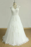 Glamorous Sleeveless Appliques Tulle Wedding Dresses A-line Lace Straps Bridal Gowns On Sale-27dress