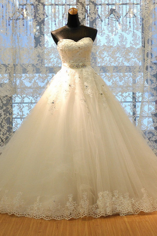 Glamorous Strapless Sleevelsss Tulle Wedding Dress Sweetheart Appliques Bridal Gowns with Rhinestones On Sale-27dress