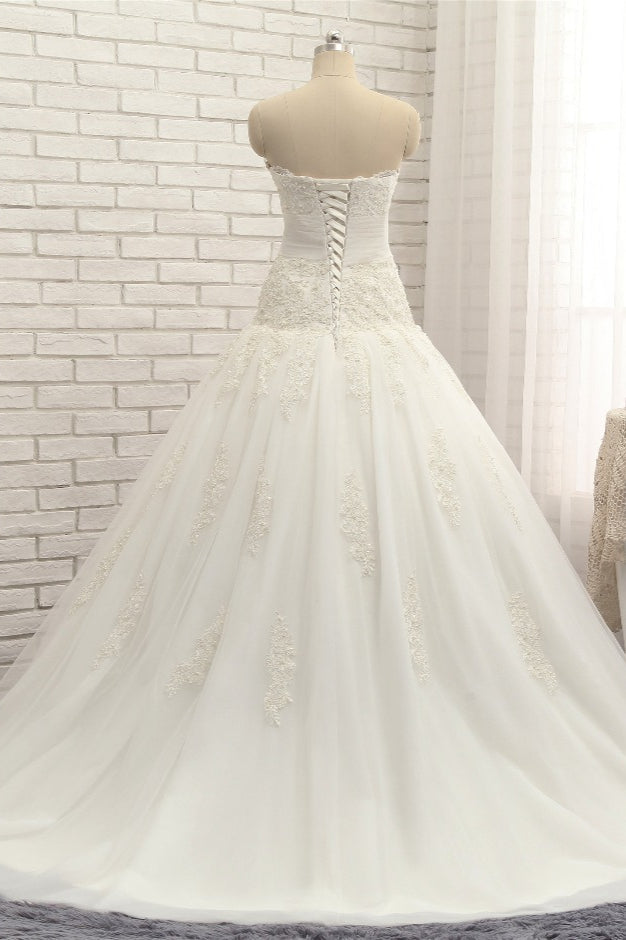 Glamorous Strapless Tulle Lace Wedding Dress Sweetheart Sleeveless Bridal Gowns with Appliques On Sale-27dress