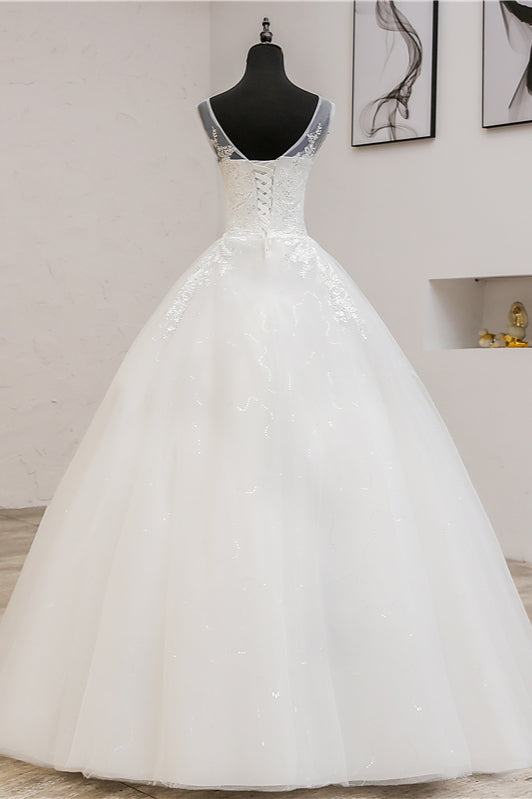 Glamorous Sweetheart Tulle Lace Ball Gown Sleeveless Appliques Wedding Dresses-27dress