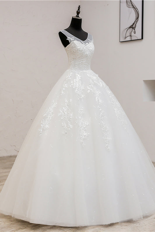 Glamorous Sweetheart Tulle Lace Ball Gown Sleeveless Appliques Wedding Dresses-27dress