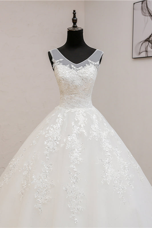 Glamorous Sweetheart Tulle Lace Ball Gown Sleeveless Appliques Wedding Dresses-27dress